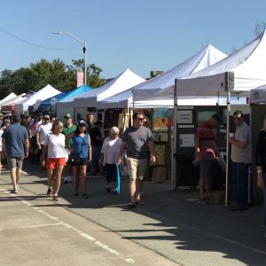 The street is lined with arts & crafts booths. Canopies, mostly white and blue, can be seen stretching off the horizon. A large group of people can be seen going booth to booth.