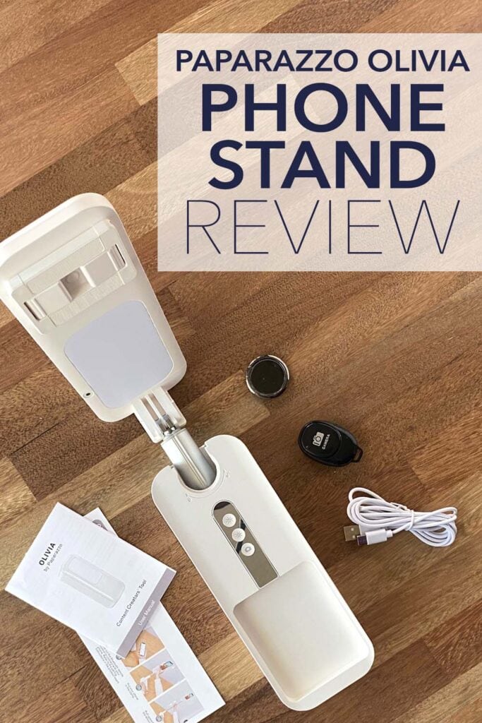 Unboxed Paparazzo Olivia box with title text "Paparazzo Olivia Phone Stand Review"