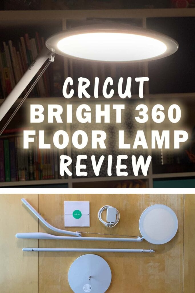 Cricut Bright 360 Lamp is on in an otherwise dark room with shelves of craft supplies in the background. Title text reads "Cricut Bright 360 Floor Lamp Review"