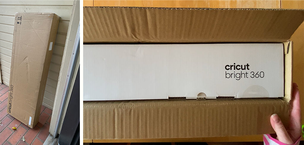 Collage of the size and packing of Cricut Bright 360 Floor Lamp