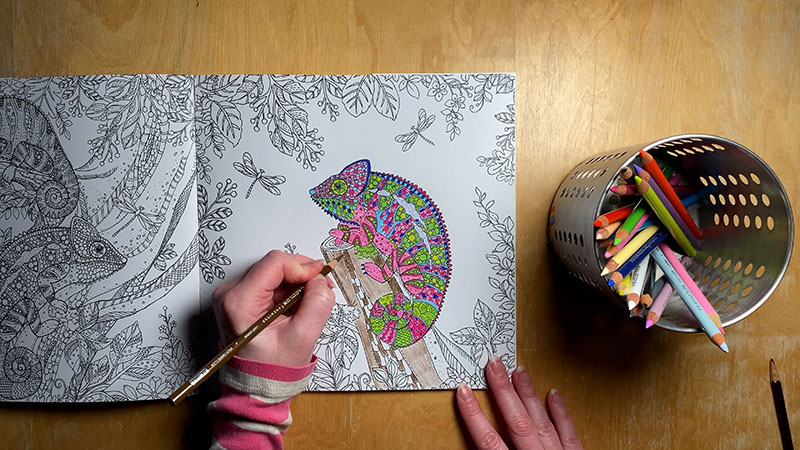 An open coloring book is halfway in progress showing a colorful chameleon with a container of prismacolors