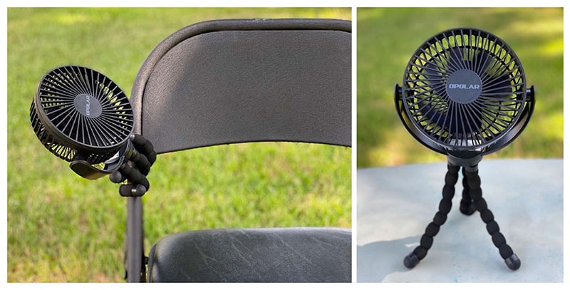 collage of octopus tripod clip fan, stands on a table outside in one picture and is wrapped around a chair in the other picture