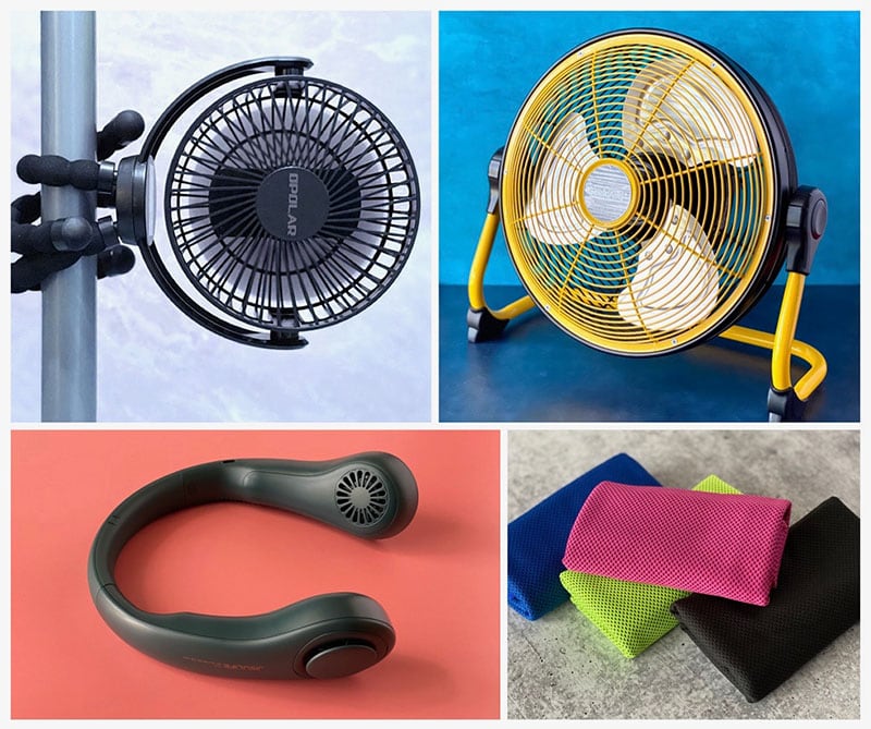 a collage of fans and cooling products for how to keep cool in hot weather