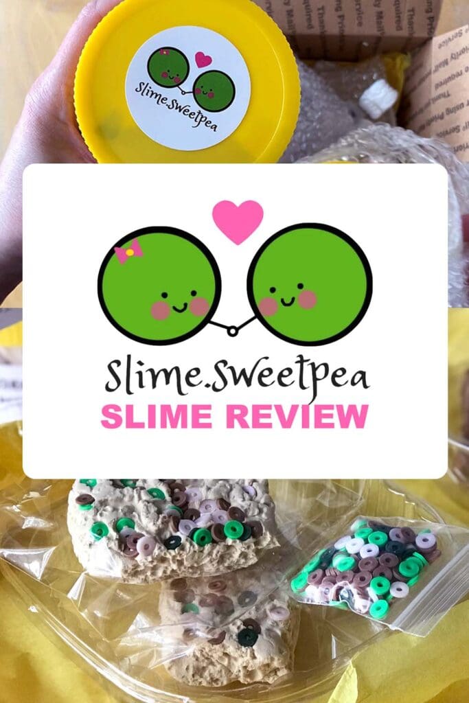 collage of slime sweetpea container with yellow lid and their clay slime with text "slime sweetpea slime review"
