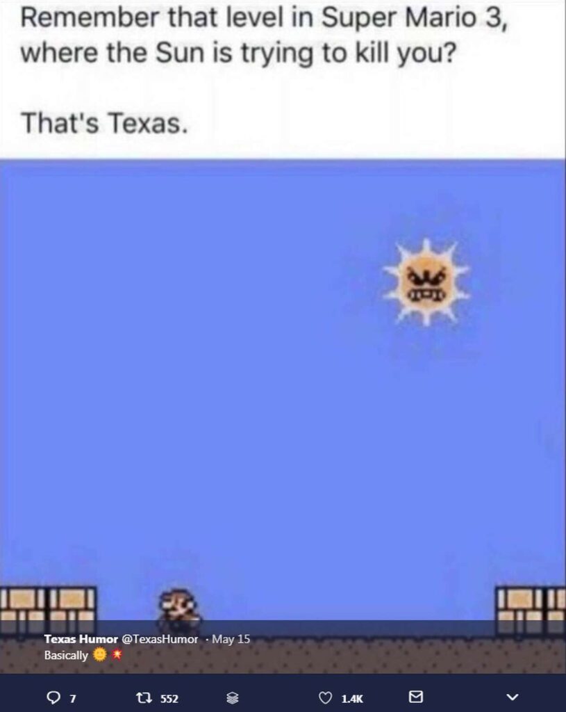 super mario game with angry sun trying to destroy mario with text that reads "that's texas"