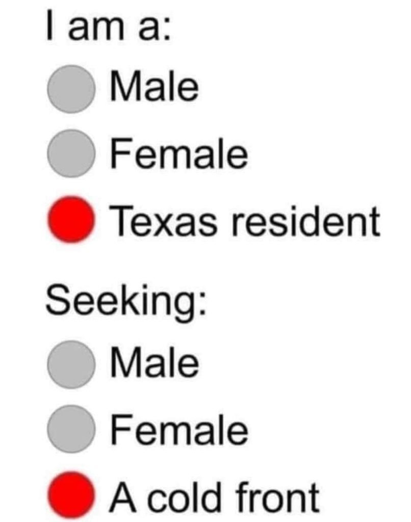 white background with quiz format, text reads "1.) I am a: male, female, texas resident 2.) Seeking male, female, a cold front"