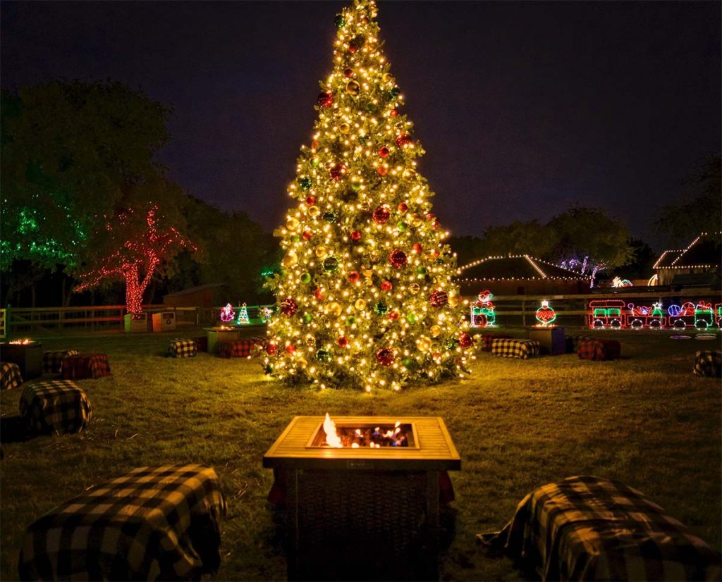 Christmas lights illuminate Heritage Farmstead beneath the stars. A firepit is lit and cozy benches offer the perfect place to sit and have a smore.