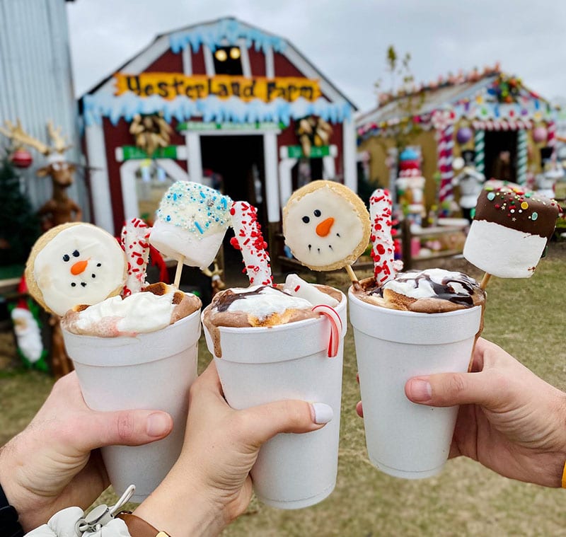 Barn with the words "YesterLand Farm" in the background with people holding highly decorated hot cocoa in the foreground