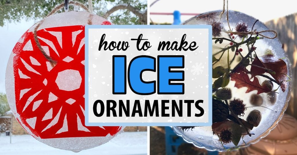 On the left, a red snowflake frozen in ice hangs from a tree. On the right, an ice suncatcher full of nature. Text reads "how to make ICE decorations"