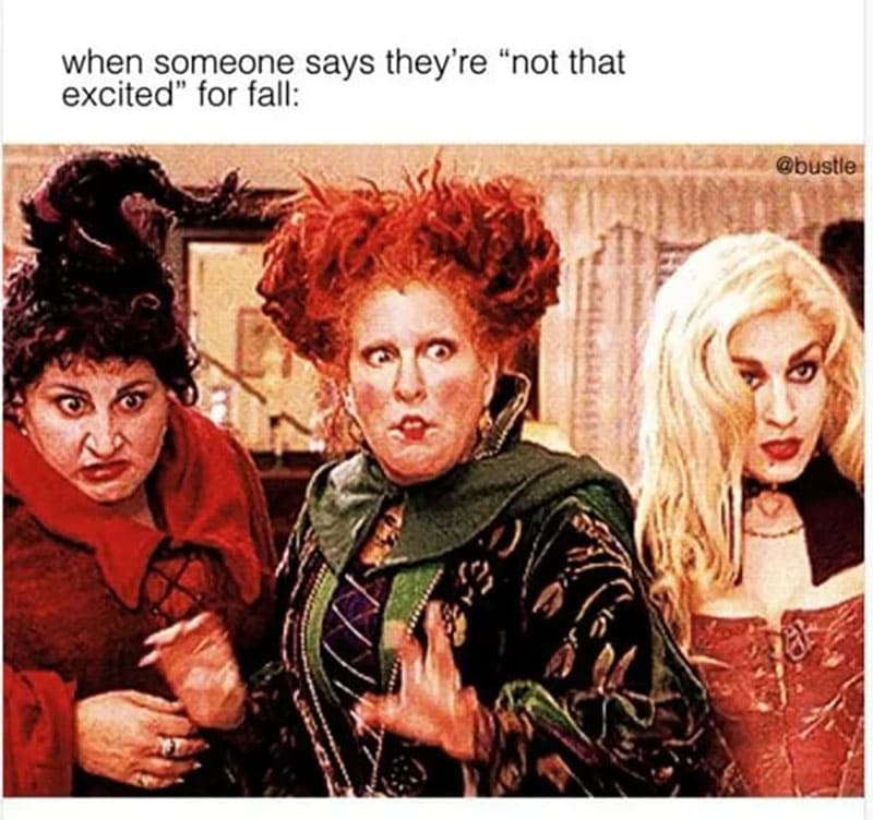 The Sanderson Sisters from Hocus Pocus gasp at the text "when someone says they're not that excited about Fall"