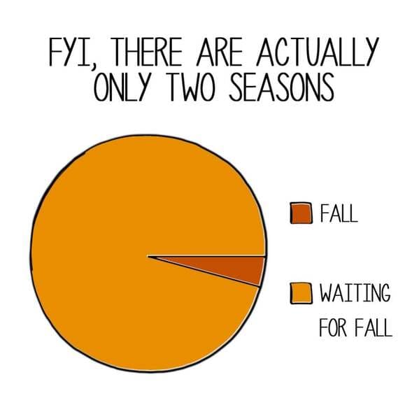 A pie chart titled "FYI there are actually only 2 seasons" is 98% shaded with "fall" and 2% shaded with "waiting for fall"