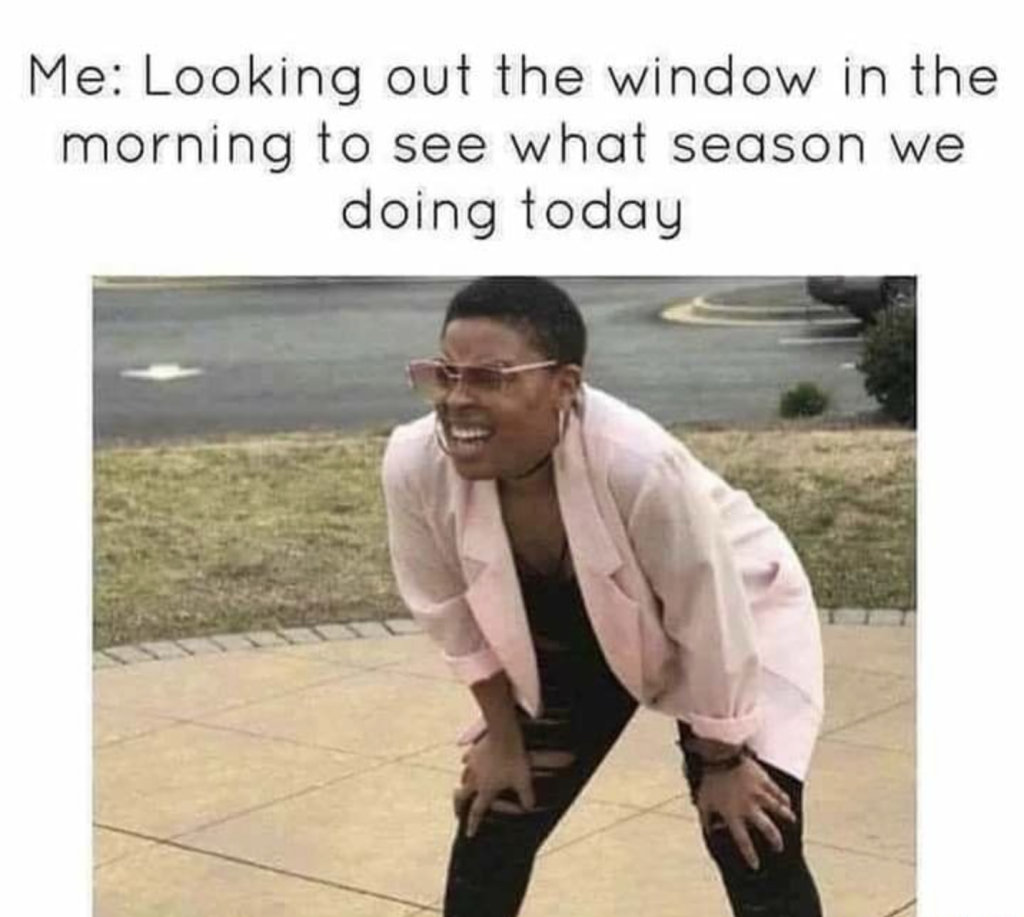 A woman stands with her hands on her knees squinting into the distance with the text "me looking out the window in the morning to see what season we doing today"