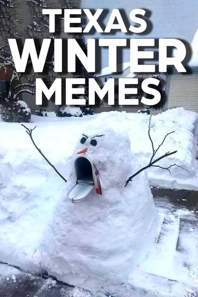 Angry mailbox snowman yells at text that reads "texas winter memes"