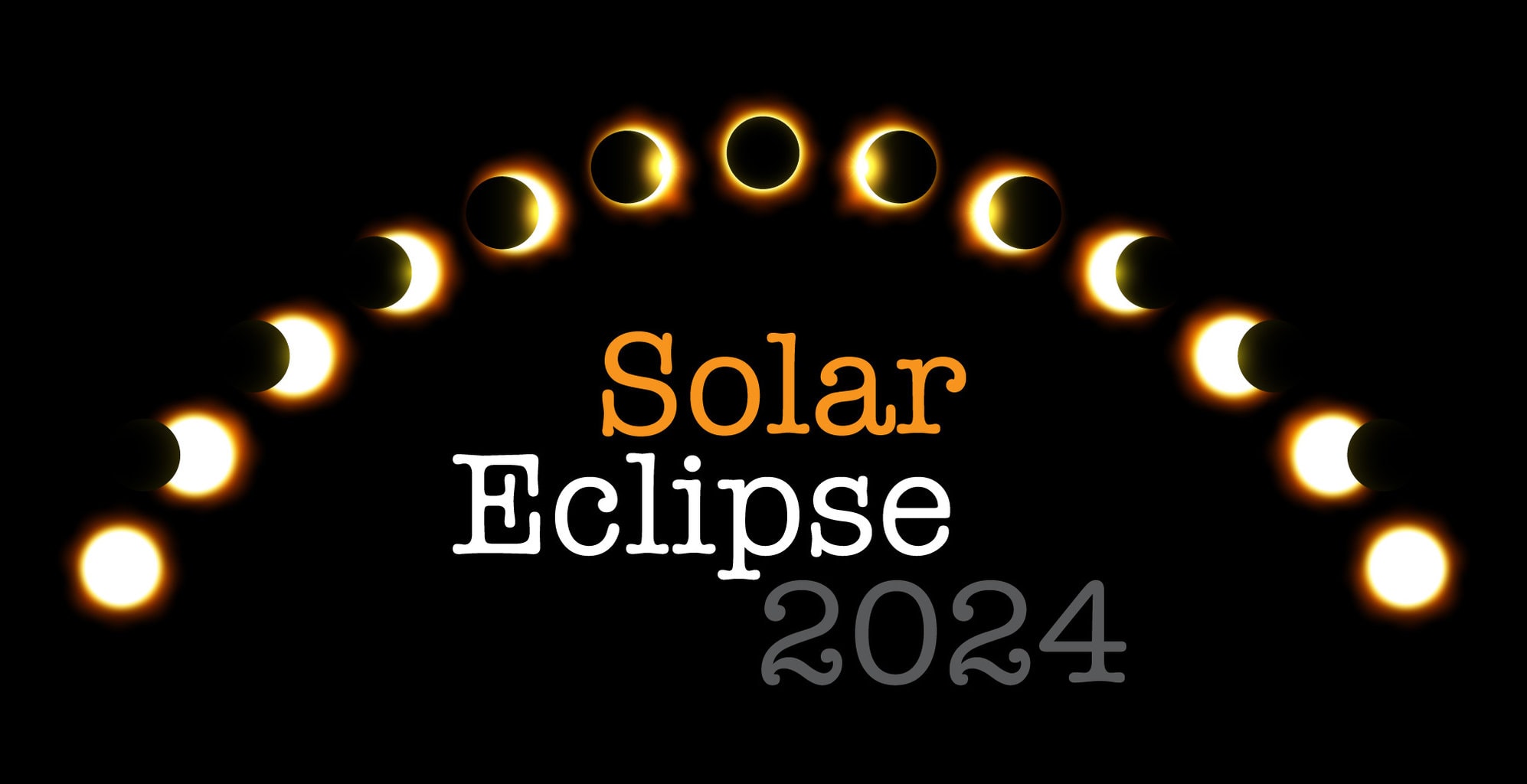 Black background with the phases of a total solar eclipse and text that reads "Solar eclipse 2024"