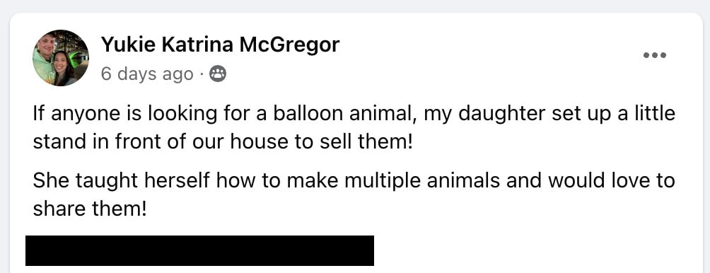 post on facebook from Yukie announcing Elena's balloon animal stand