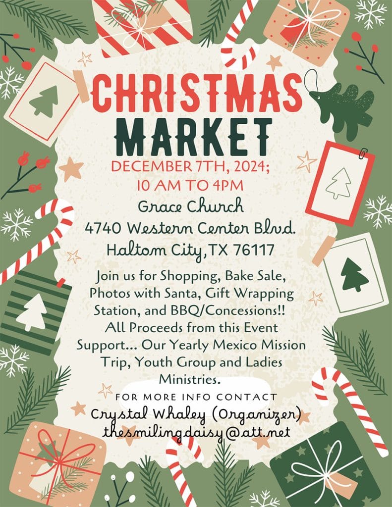 event flyer for grace church christmas market, details at link