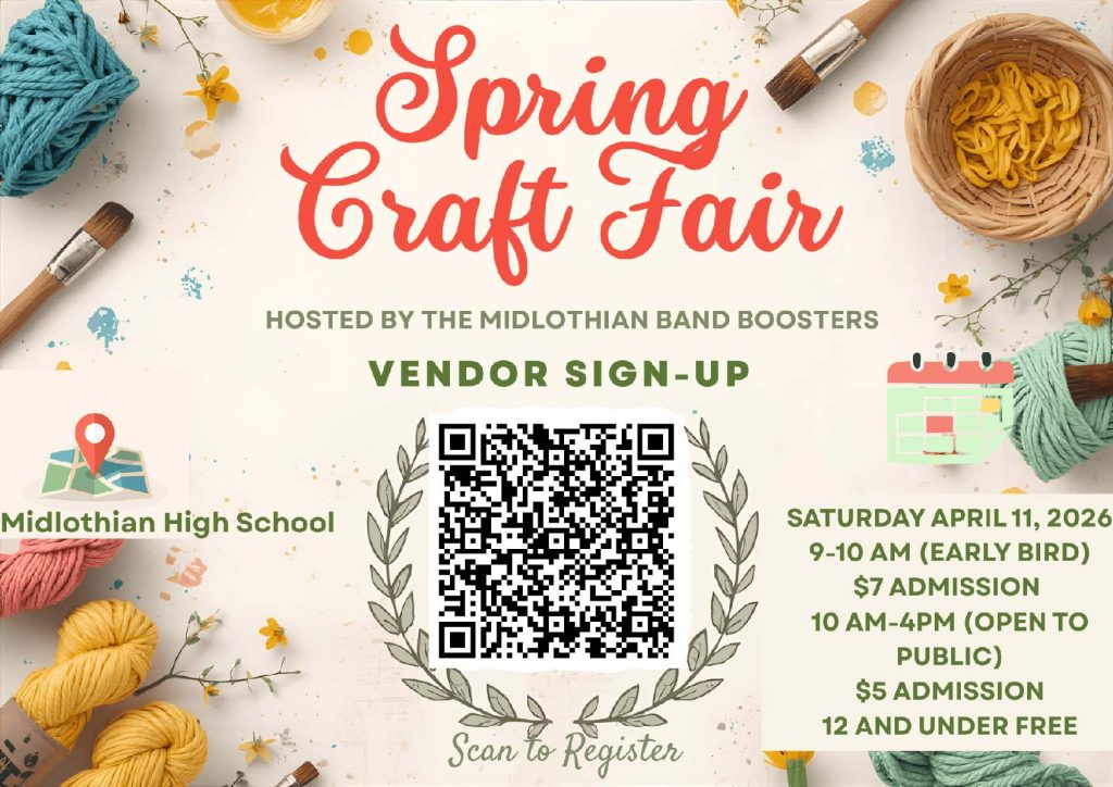 event flyer for Midlothian Band Booster Spring Craft Fair, details at link
