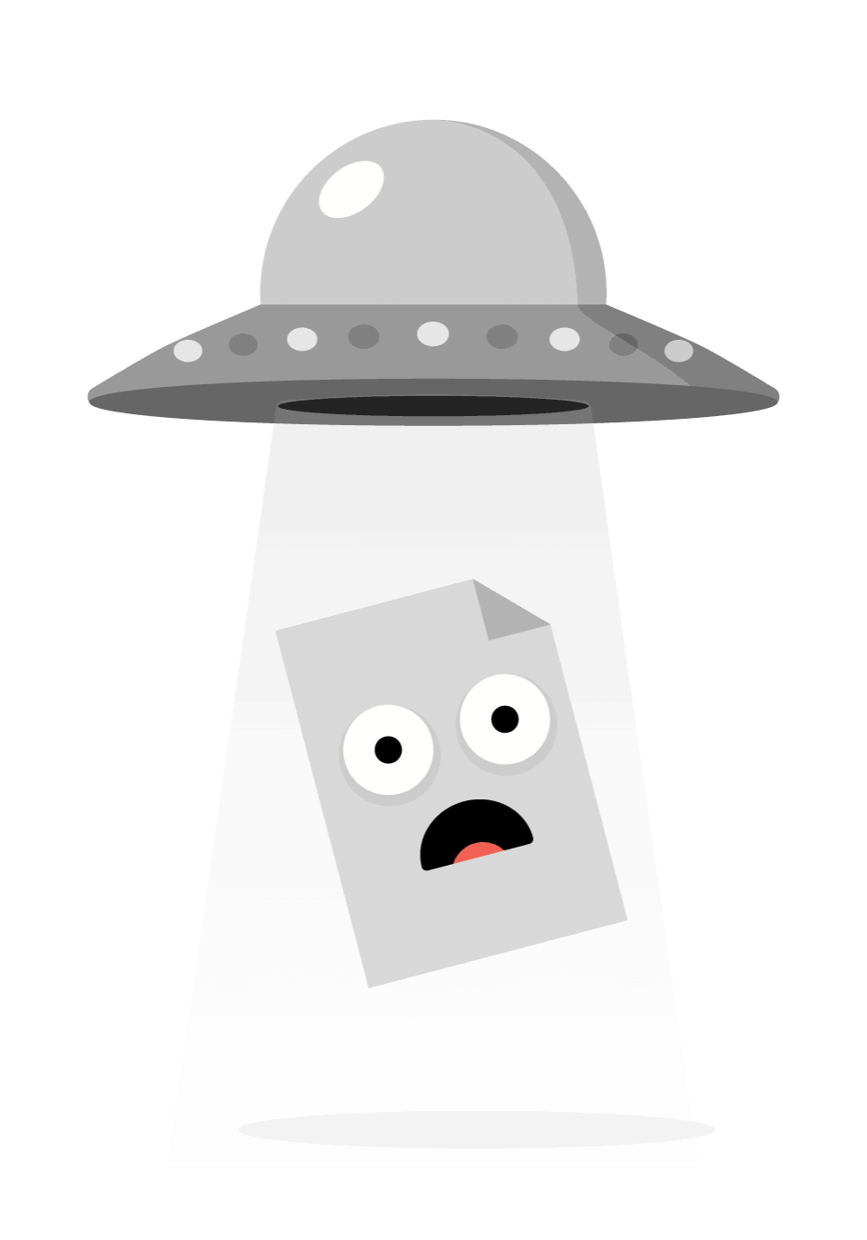A gray spaceship can be seen beaming up a gray document with an unhappy surprised look on it's face.